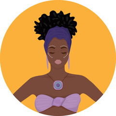 Portrait of a beautiful woman. Cartoon girl wearing blue head. Modern afro american girl with curly hair.