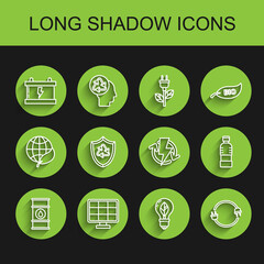 Set line Oil barrel line, Solar energy panel, Car battery, Light bulb with leaf, Electric plug, Recycle symbol inside shield, Bottle of water and Recharging icon. Vector