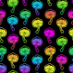 Seamless illustration with bright psychedelic mushrooms