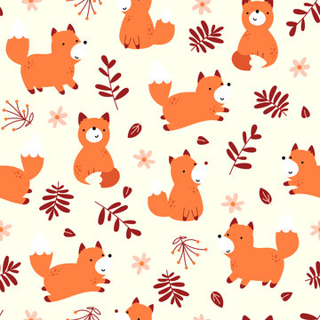 Seamless vector pattern with cute foxes