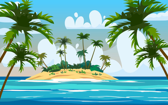 Tropical Exotic Island, plants, palms, jungle, sea, ocean, clouds. Summer vacation resort. Vector Illustration