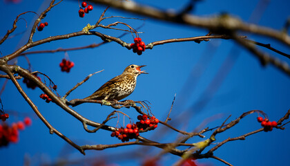 Mistle thrush feasting on rowan berries