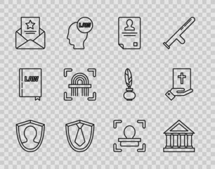 Set line User protection, Courthouse building, Identification badge, Tie, The arrest warrant, Fingerprint, Face recognition and Oath the Holy Bible icon. Vector