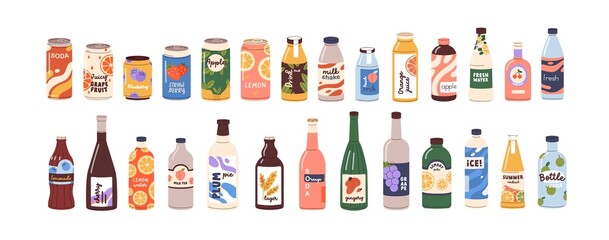 Cold drinks set. Soda water, sweet fizzy beverages, fruit cocktails, juices, lemonades in glass and plastic bottles, aluminum cans and tins. Flat vector illustrations isolated on white background