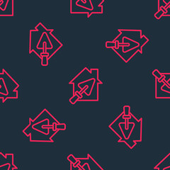 Naklejka premium Red line House or home with trowel icon isolated seamless pattern on black background. Adjusting, service, setting, maintenance, repair, fixing. Vector