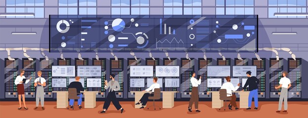 Big data control and analytics center. Information security engineers work with databases and cybersecurity at computers in datacenter. People and digital equipment. Colored flat vector illustration