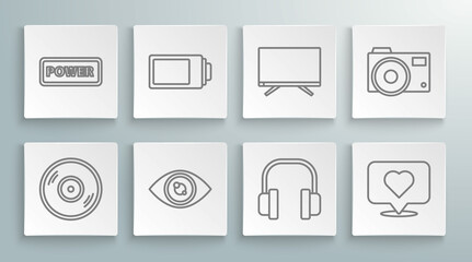 Set line Vinyl disk, Battery charge level indicator, Eye, Headphones, Like and heart, Smart Tv, Photo camera and Power button icon. Vector