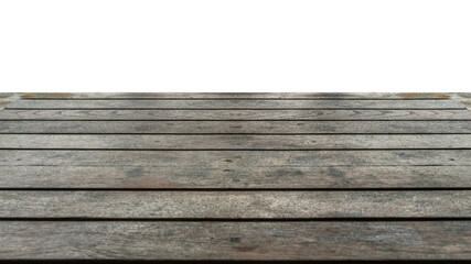 Perspective view of an old wooden table, old weathered wooden table or floor, isolated empty old wooden table on white background.
