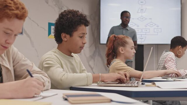 Side view of multiethnic teenage boys and girls sitting at desks in classroom at IT lesson, Black male teacher walking among them and helping with assignment