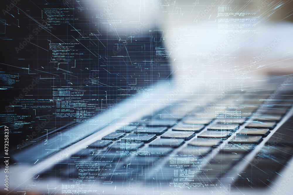 Aufkleber Close up of laptop with abstract glowing coding big data interface on blurry background. Technology and futuristic network. Double exposure.