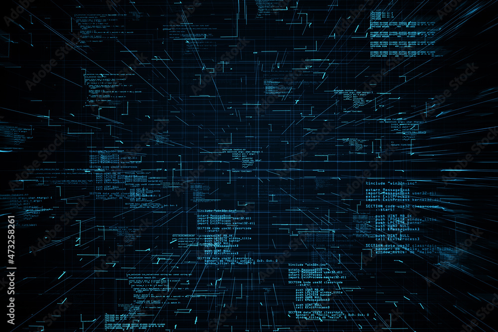 Fototapete Abstract glowing coding big data interface on dark background. Technology and futuristic network. 3D Rendering.