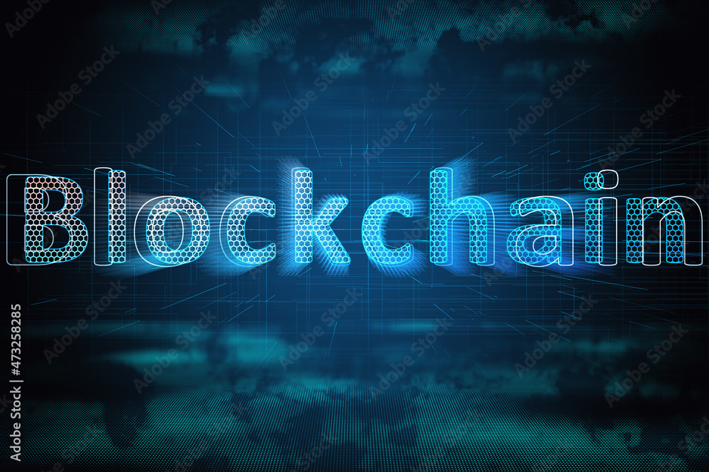Fototapete creative glowing blockchain hologram on dark background. cryptocurrency and technology concept. 3d r