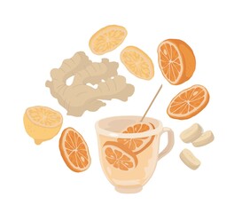 Glass mug. Citrus tea for immunity. Antiflu. Ginger, lemon. Isolated vector colorful element. 