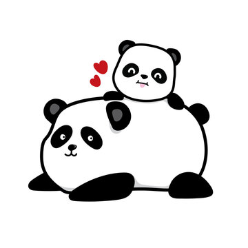Doodle cartoon of a big and small Panda bears or father and child, baby Panda climbing on its father, isolated image on white background.