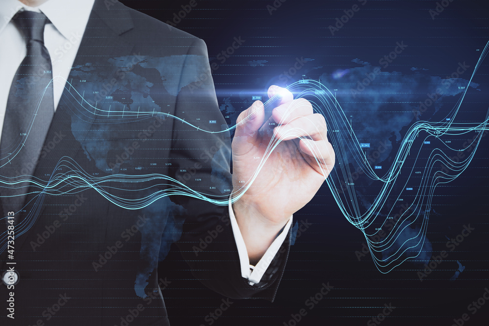 Poster businessman hand pointing at creative glowing business chart and map hologram on blurry background. 