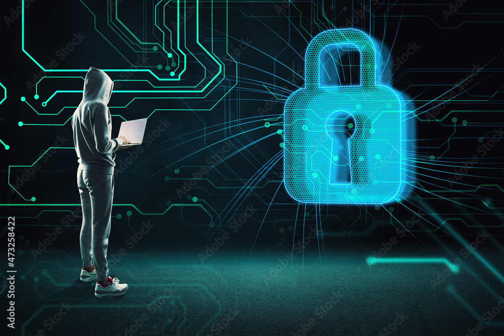 Poster Hacker with laptop looking at creative glowing blue padlock hologram on dark circuit background. Hardware, fraud and security concept.