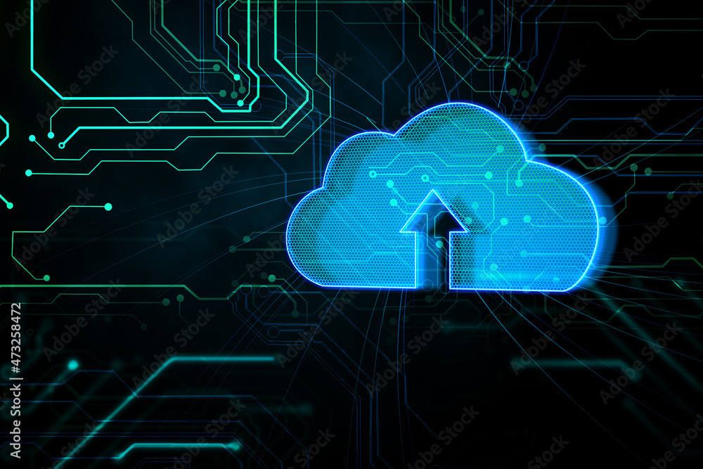 Aufkleber creative glowing blue cloud hologram on dark circuit background. hardware and database concept. 3d r