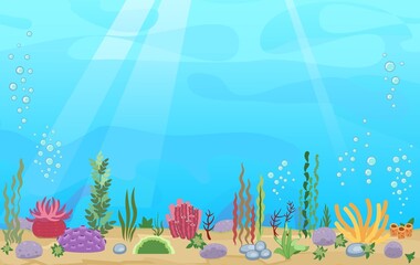 Naklejka na ściany i meble Sandy bottom of the reservoir. Blue transparent clear water. Sea ocean. Underwater landscape with plants, algae and corals. Illustration in cartoon style. Flat design. Vector art