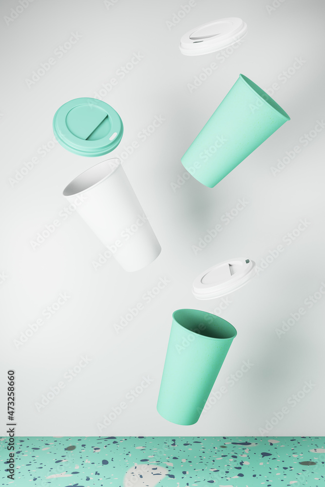 Poster clean blue take away coffee cup on white background and marble surface. advertisement and mock up co
