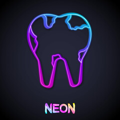 Glowing neon line Broken tooth icon isolated on black background. Dental problem icon. Dental care symbol. Vector