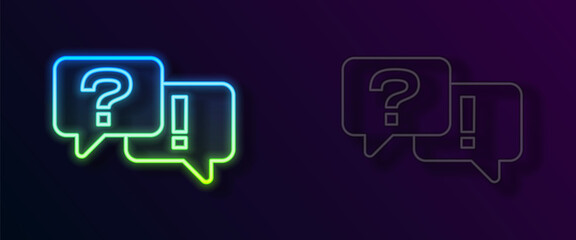 Glowing neon line Speech bubbles with Question and Answer icon isolated on black background. Q and A symbol. FAQ sign. Chat speech bubble and chart. Vector