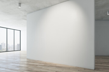 Contemporary gallery interior with mock up place on white concrete wall, wooden flooring and window with city view. Museum or apartment concept. 3D Rendering.