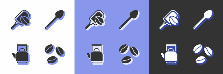 Set Coffee beans, Spatula with coffee grain, Kettle handle and Teaspoon icon. Vector