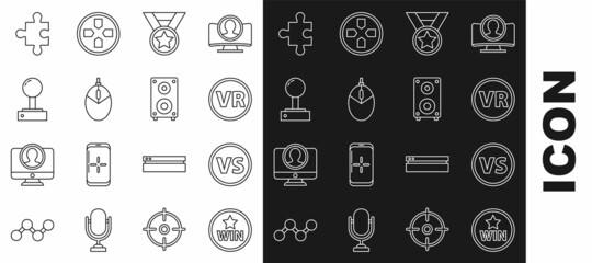 Set line Medal, VS Versus battle, Virtual reality glasses, Computer mouse gaming, Joystick for arcade machine, Piece of puzzle and Stereo speaker icon. Vector