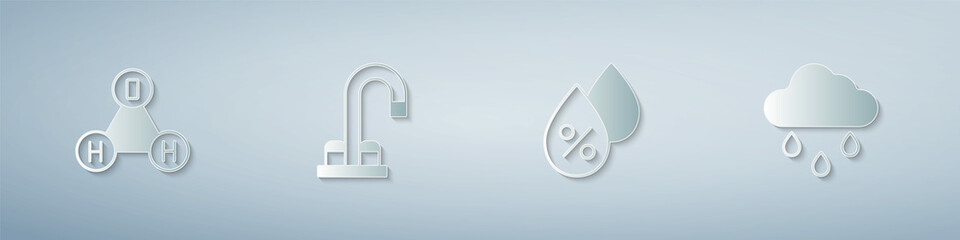 Set Chemical formula water H2O, Water tap, drop percentage and Cloud with rain. Paper art style. Vector