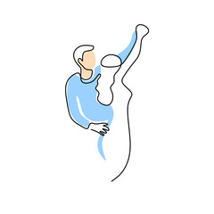 Continuous one single line of couple dancing isolated on white background.