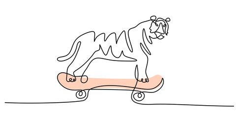 Continuous one single line of big tiger playing with snowboard isolated on white background
