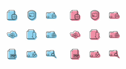 Set line PDF file document, Document folder and check mark, protection concept, Search with, download, Add new, cloud and icon. Vector