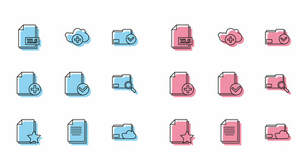 Set line Document with star, XLS file document, Cloud storage text folder, and check mark, Search concept, Add new and cloud icon. Vector