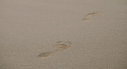 Footprints on the sandy beach close up. Concept of loneliness.