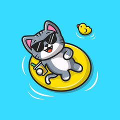 Cute Cat Floating With Swimming Tires Cartoon Vector Icon Illustration. Animal Holiday Icon Concept Isolated Premium Vector. Flat Cartoon Style