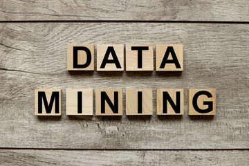 DATA MINING. wooden cubes on a wooden background. text on wood blocks