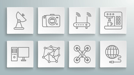 Set line Computer monitor, Mirrorless camera, Neural network, Drone flying, Social, Router and wi-fi signal, Coffee machine and Radar icon. Vector
