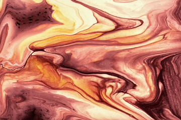 Abstract fluid art background dark purple and golden colors. Liquid marble. Acrylic painting with wine gradient
