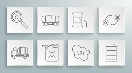 Set line Tanker truck, Oil railway cistern, Canister for motor oil, CO2 emissions in cloud, Barrel, leak, exchange and drop icon. Vector