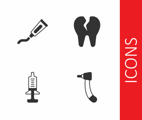 Set Tooth drill, Tube of toothpaste, Syringe and Broken icon. Vector