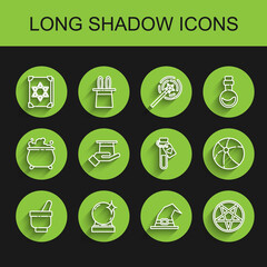 Set line Magic mortar and pestle, ball, Ancient magic book, Witch hat, Pentagram in circle, Magician hand, Beach and Bottle with love potion icon. Vector