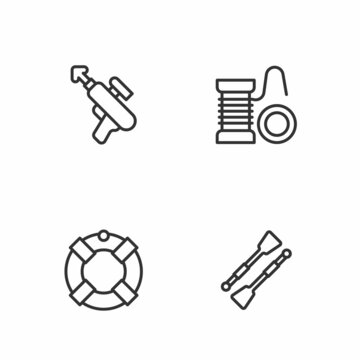 Set line Oars or paddles boat, Lifebuoy, Fishing harpoon and Spinning reel for fishing icon. Vector