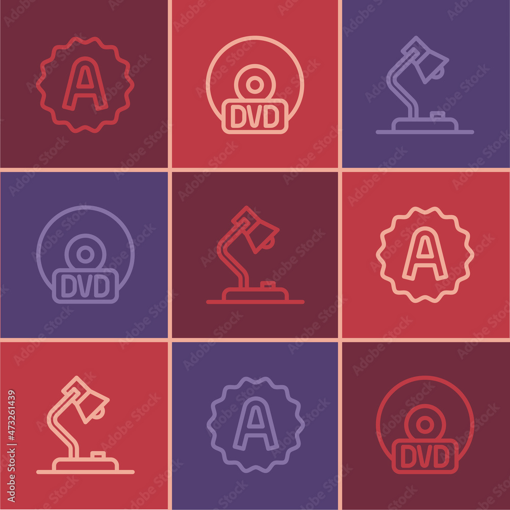 Poster set line exam sheet with a plus grade, table lamp and cd or dvd disk icon. vector