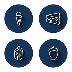 Set line Ice cream in waffle, Cheese, Roman army helmet and French with long shadow. Blue circle button. Vector