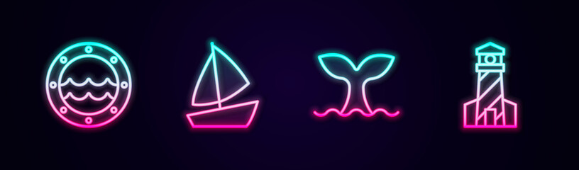 Set line Ship porthole, Yacht sailboat, Whale tail and Lighthouse. Glowing neon icon. Vector