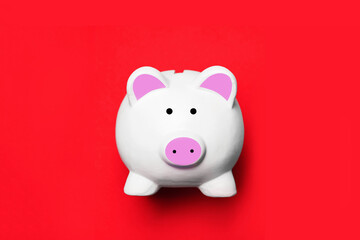 Money saving background. Piggy bank isolated on red. Home budget planning empty copy space. Ceramic toy container jar in shape of animal for collecting coins and banknotes.