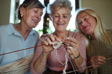 Happy senior women friends having fun knitting together indoors at home.
