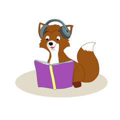 A little fox is reading a book with headphones. Learns a foreign language.