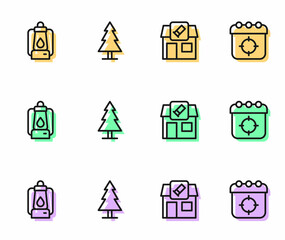 Set line Hunting shop, Camping lantern, Tree and Target sport icon. Vector