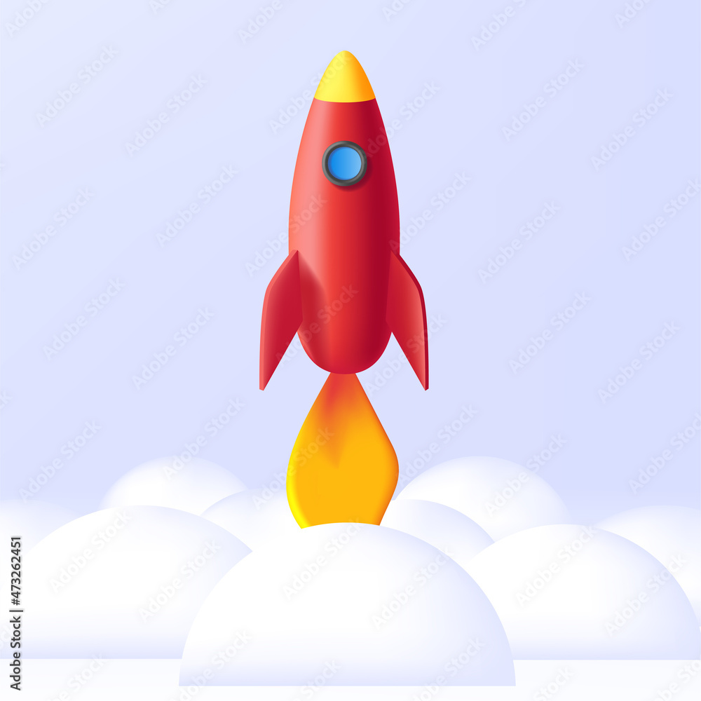 Poster modern digital red rocket 3d render fluying up in clouds